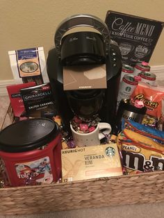 a basket filled with coffee and snacks