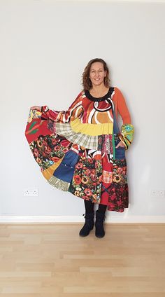 One of a kind handmade upcycled fall colours cotton and denim long floral dress. Made of odd colourful fabrics, satin top  with big black stones around neckline, pieces of denim, thick floral cotton with 3d embroidered look like flowers. Unusual patchwork long sleeve dress with wide asymmetrical bottom in autumn colours - red, orange, copper, claret, mustard, gold, green, khaki, honeycomb, mocha. 2 pockets at the front.  Crazy boho, bohemian , hippie, harajuku style Unique item, impossible to co Womens Fall Dress, Floral Dresses Long, Satin Top, Patchwork Dress, Upcycled Denim, Plus Size Womens Clothing, Harajuku Fashion, Bohemian Dress, Fall Dresses