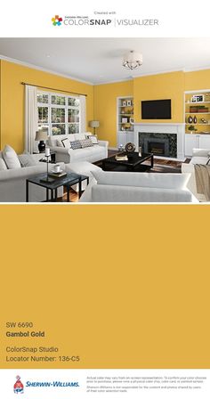 a living room with yellow walls and white furniture in the center is an open fireplace