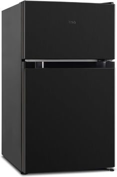 a black refrigerator freezer sitting on top of a white counter