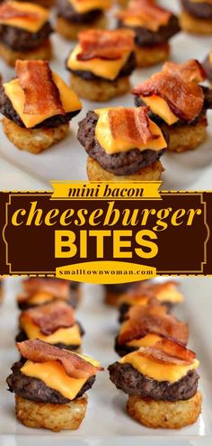 mini bacon cheeseburger bites are on a white plate with the title above it