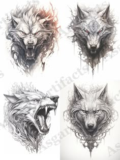 four different wolf tattoos on white paper