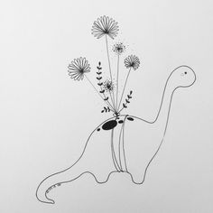 a drawing of a dinosaur with flowers in its mouth