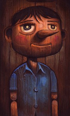 a painting of a man with brown hair and blue shirt, standing in front of a wooden wall