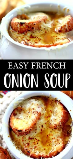 an easy french onion soup recipe in a white bowl