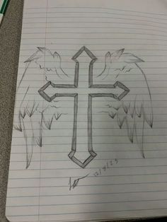 a drawing of a cross with two wings on it and an arrow in the middle