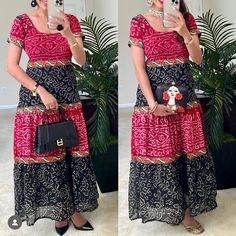 Made From A Bandhani Saree. Even More Gorg In Person Saree Upcycle, Upcycle Dress, Anarkali Kurtis, Long Anarkali, Bandhani Dress, Bandhani Saree, Anarkali, Lady In Red, Black Red