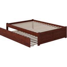 a bed frame with two drawers on each side and an open drawer underneath the bed