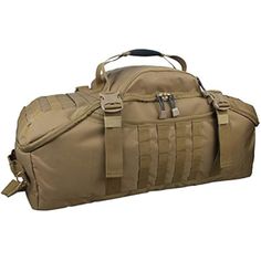 the large duffel bag is tan with straps