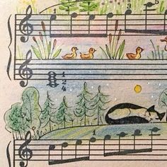 a drawing of a cat laying on top of a piano keyboard with musical notes around it