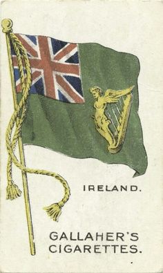 an old postcard with the flag of ireland and a gold harp on it's side