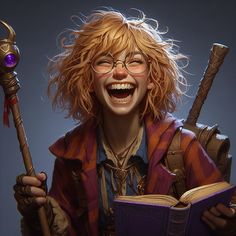 a woman with glasses is holding a book and smiling at the camera as she holds two wands in her hands