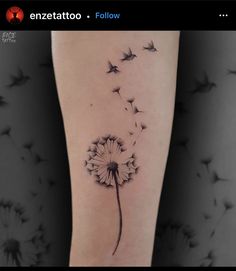 a dandelion tattoo with flying birds on the back of it's leg