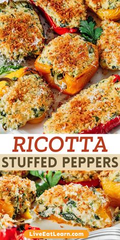 Photo of the cooked ricotta stuffed peppers with red, and yellow capsicums, and topped with cheese and breadcrumbs Ricotta Cheese Stuffed Peppers, Ricotta Peppers, Healthy Ricotta Cheese Recipes, Healthy Vegetarian Lunch Recipes, Ricotta Stuffed Peppers, Recipes Using Ricotta Cheese, Popper Recipes, Recipe Using Ricotta, Stuffed Pepper Recipes