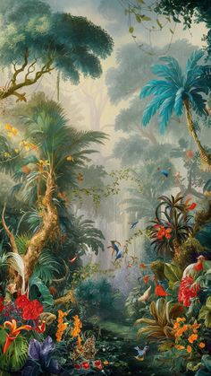 an image of a tropical scene with birds and flowers