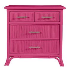 a pink dresser with three drawers and two doors on the bottom, in front of a white background