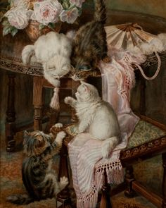 two cats playing with each other on a chair in front of a flower vase and lamp