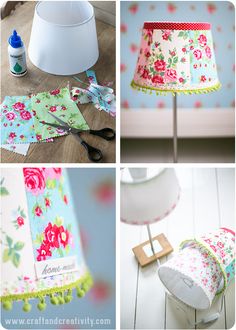 four different pictures of lamps with flowers on them and one lamp shade that has been made from fabric