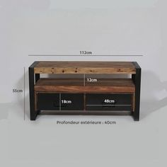 the side table has two drawers on each side and one drawer is shown with measurements