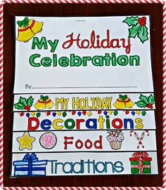 a holiday celebration sign hanging on the wall in front of a red and white checkered frame