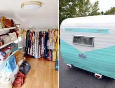 an rv parked next to a rack of clothes