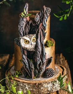 an owl is sitting on top of a tree stump with leaves and pine cones around it