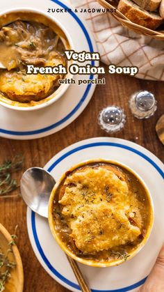 vegan french onion soup with potatoes in a bowl