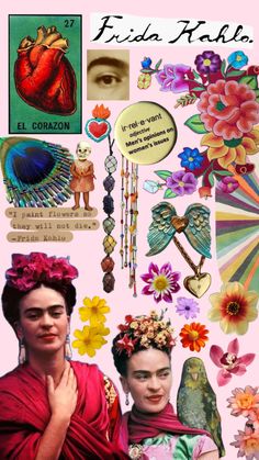 an image of frida kuhla collage with flowers and other things on it