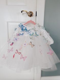 A rainbow ombre butterfly flower girl dress by Lauren Elaine of tulle and guipure lace. Elegant Butterfly-shaped Party Dress, 3d Butterfly Applique Dress, Butterfly-shaped Tulle Wedding Dress, Butterfly-shaped Tulle Dress For Party, Toddler Wild Flower Dress, Bouquet Dress, Rainbow Butterflies, Organza Skirt, Rainbow Butterfly