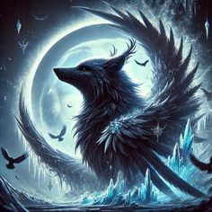 an artistic painting of a wolf in the moonlight with its wings spread out and birds flying around