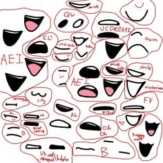 a bunch of different shapes and sizes of masks on a white background with red writing