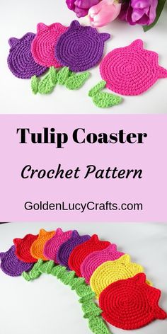 crocheted tulip coasters with text overlay that reads tulip coaster crochet pattern