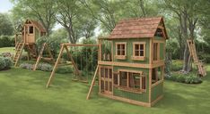 a set of wooden playsets in the grass