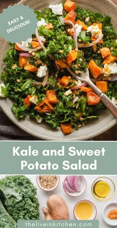 kale and sweet potato salad on a plate with the title above it that reads, kale and sweet potato salad