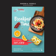 a poster advertising breakfast time with fruit and waffles