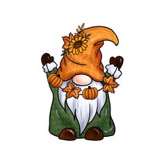 an orange and white gnome with sunflowers on his head