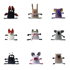 an assortment of stuffed animals in various poses