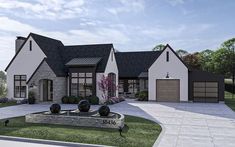 this is a computer rendering of the front of a house with landscaping and driveways