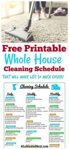 a poster with the words free printable whole house cleaning schedule