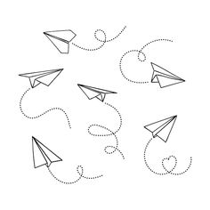 some paper airplanes are flying in the sky with dotted lines and swirls around them