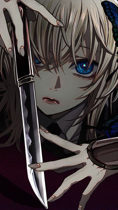 an anime character with blue eyes holding a knife