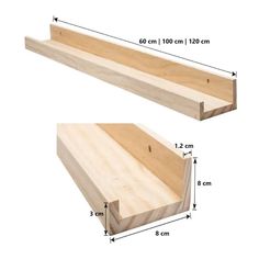 two pieces of wood are shown with measurements for each piece and the other part is cut in half