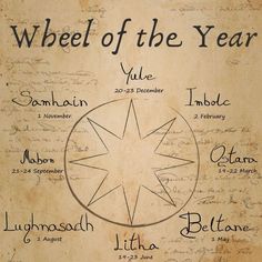 the wheel of the year is written in cursive writing on an old paper