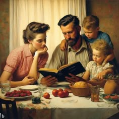 a man reading a book to two children and an adult sitting at a table with fruit on it