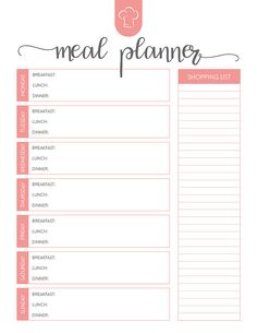 the meal planner is shown in pink and white