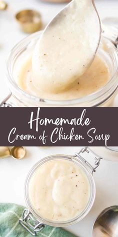 homemade cream of chicken soup in small glass bowls with spoons on the side and text overlay