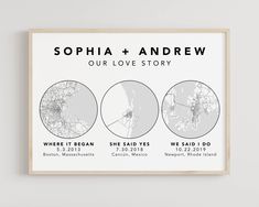 a white framed poster with three circles and the words, sophiia and andrew our love story