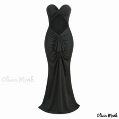 Olivia Mark - Sophisticated Twisted Sweetheart Ruched Draped Ruffle Cutout Maxi Mermaid Evening Dress Black Draped Prom Dress, Fitted Black Draped Dress, Black Draped Dress With Ruched Back, Black Backless Dress With Ruched Bodice, Black Pleated Draped Dress, Black Draped Dress With Ruffles, Black Ruched Draped Dress, Mermaid Evening Gown, Black Evening Dresses