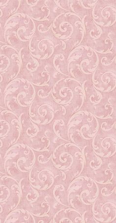 a pink wallpaper with white swirls on the top and bottom half of it