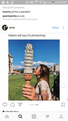 a woman eating an ice cream cone in front of the leaning tower